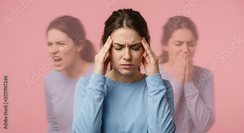Concept of bipolar disorder: young woman experiencing extreme mood swings, inner conflict, and emotional distress on a pink background.