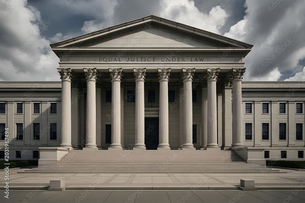 Obraz premium Neoclassical courthouse building with stone columns, majestic supreme court facade with equal justice under law inscription, legal government architecture