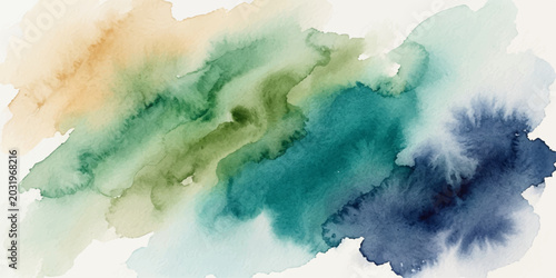 Fotografie Abstract watercolor brushstrokes blend seamlessly, creating a harmonious cascade of earthy tones, verdant greens, and deep ocean blues, evoking a sense of calm and creativity