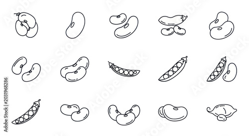Bild auf Leinwand Bean Variety Icon Set: Kidney, Pinto, Lima, Chickpea, Pea Pods - Outline Vector