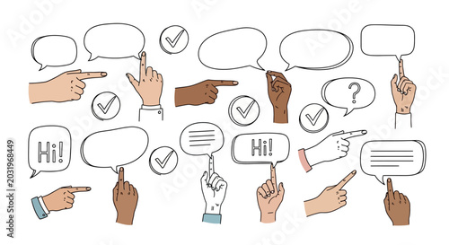 Tableau sur toile Hands pointing to speech bubbles icons.
