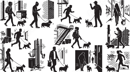 Tableau sur toile Black silhouettes of people walking dogs in urban environments with graffiti
