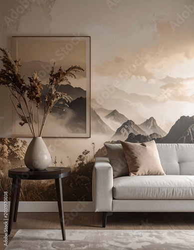 Modern Living Room Interior with Mountain Art.