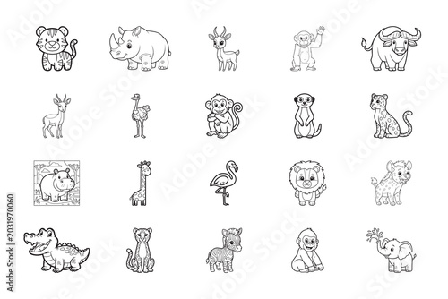 Animal coloring page set. Collection of hand-drawn animal outlines isolated on white, editable vector for kids activity books, education, and print design. 