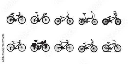Bicycle icon set. Set of modern bicycle silhouettes isolated on white, editable vector for cycling, transport, fitness, and logo design.