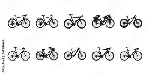 Bicycle silhouette collection. Collection of classic bicycle silhouettes isolated on white, editable vector for road cycling, transport, and outdoor sport graphics.