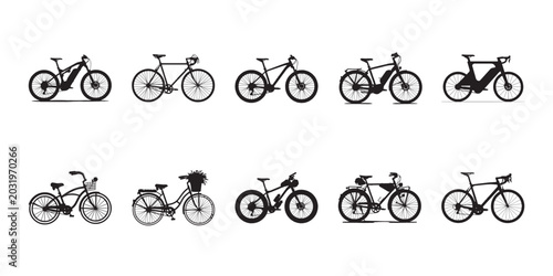 Bicycle silhouette set. Collection of black bicycle silhouettes isolated on white, editable vector for cycling, transport, sport, and bike shop design.