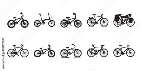 Bicycle set silhouettes. Collection of bicycle silhouettes isolated on white, editable vector for cycling, transport, fitness, and sport design. 