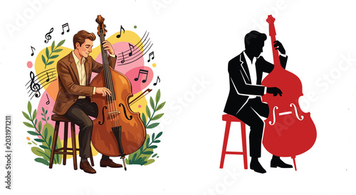 Fotografía Professional Double Bass Player Set with Colorful Musical Note Background and Hi
