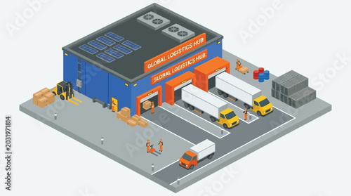 Tableau sur toile Isometric logistics hub with trucks and warehouse building
