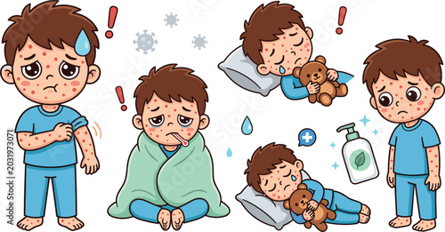 Foto Cute Cartoon Sick Boy Mascot Character Vector Set with Chickenpox Measles Skin R