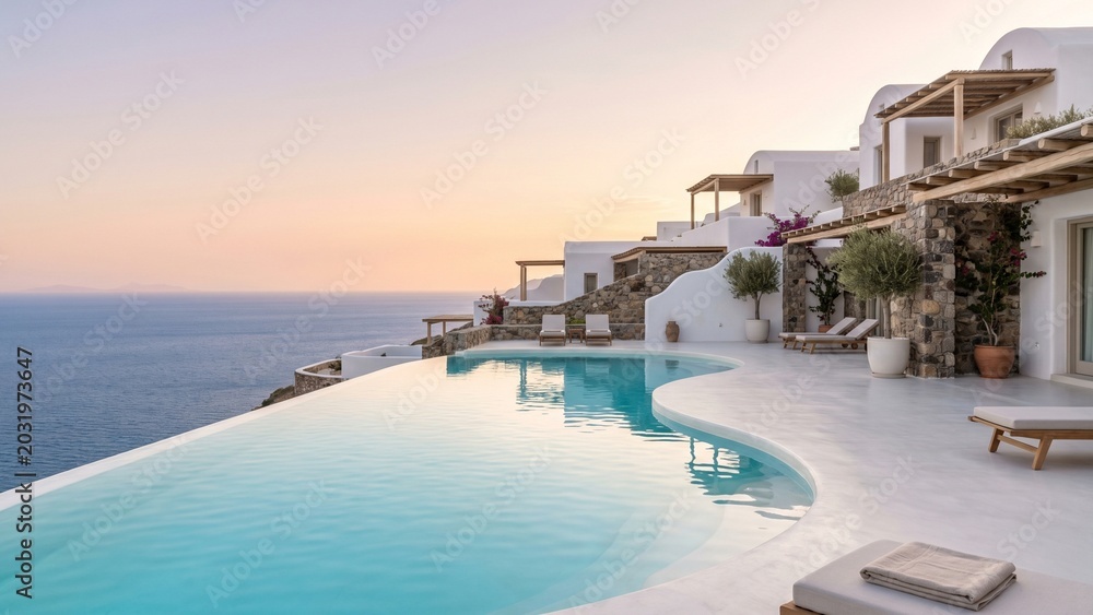 Fototapeta premium Luxury Santorini infinity pool with elegant white architecture overlooking the calm Aegean Sea. Minimal Mediterranean resort aesthetic with clean premium summer atmosphere.