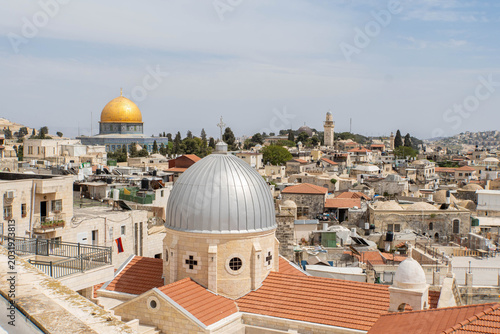 Jerusalem Old City as seen from Austrian Hospice. View at Church of Our Lady of Sorrows, Dome of the Rock on the Temple Mount and Al-Aqsa Mosque