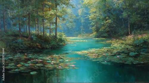 Enchanting Forest Stream - A Serene Landscape Painting with Lily Pads.