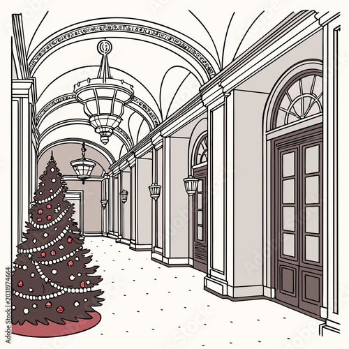 Bild auf Leinwand Royal palace hallway illustration depicts an arched corridor with a decorated ch