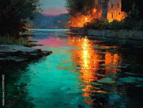 Enchanting Lakeside Village at Dusk - A Symphony of Light and Water.