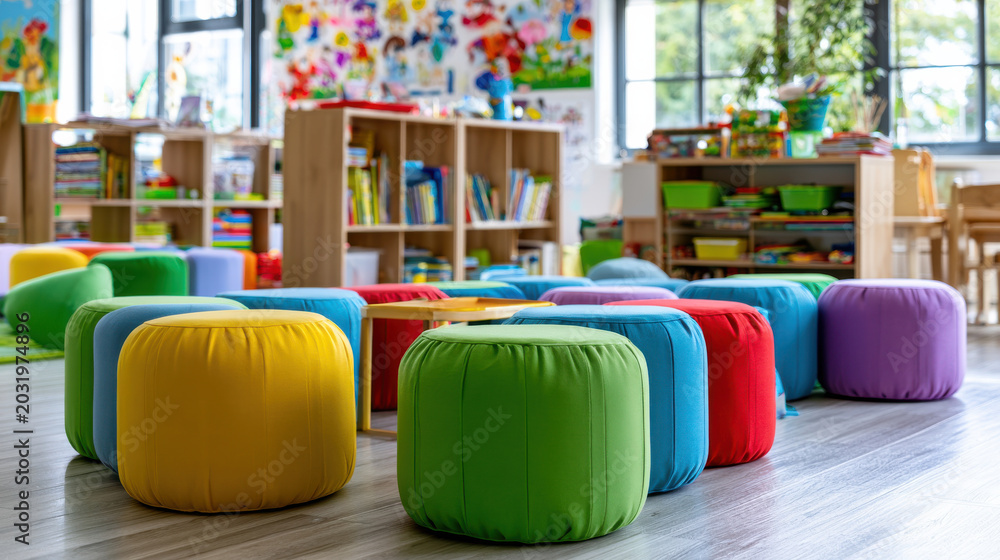 Obraz Colorful classroom interior elementary school library corner round cushion seat creative kids space playroom reading area bright education room fun learning joyful atmosphere modern preschool