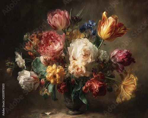 Floral Still Life - A Symphony of Tulips and Roses in Bloom.