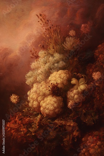 Floral Still Life with Cauliflower and Other Flowers in Warm Tones.