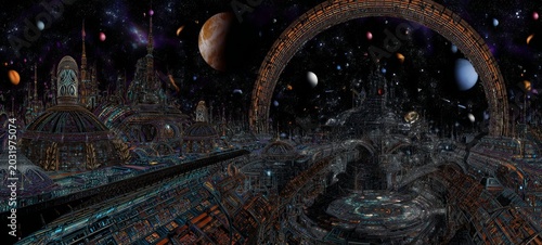Futuristic cityscape on alien planet with ring structure and celestial bodies.