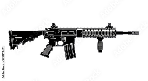 Принти на полотні Assault Rifle Silhouette, Modern Combat Weapon, Military Firearm, Tactical Gear