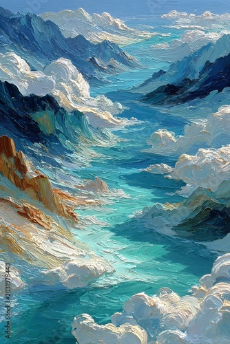 Impressionistic Mountain River Landscape Painting with Clouds and Vibrant Colors.