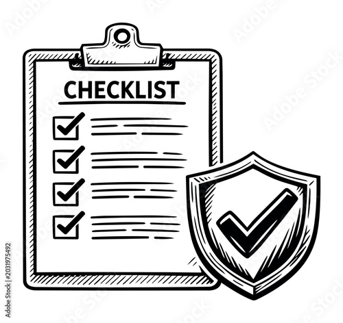 Clipboard with a completed checklist and a shield featuring a large checkmark, symbolizing security, policy compliance, and verified safety