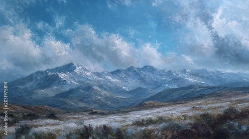 Majestic Mountain Range Under a Dramatic Sky - A Landscape Painting.