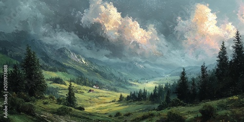 Majestic Mountain Valley Landscape Painting with Dramatic Clouds and Forest.