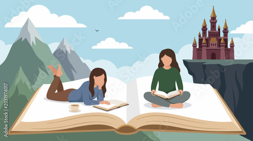 Tableau sur toile Women reading books, immersed in an imaginative fantasy world with castle and mo