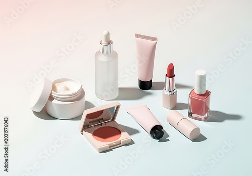 Cosmetic products arranged on neutral background with natural light for beauty routine. limited edition beauty bundles