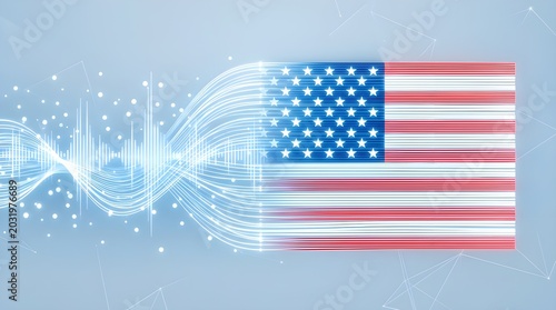 American flag concept with digital light waves and data transmission