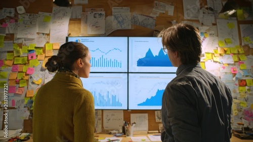 Two colleagues, back to camera, view multiple data screens on a wall
