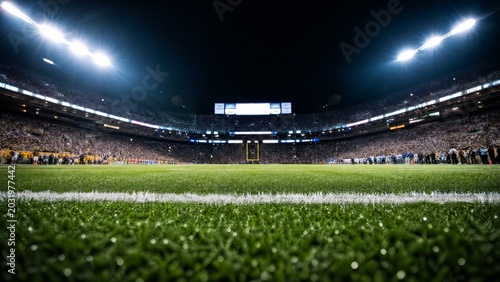turf. A football field at night under bright stadium lights with bokeh effect. product launch decks, UI/UX mockups, designed for product launches and innovation pitches, highlights innovation.