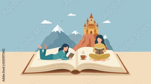 Obraz na płótnie Women Reading Books in a Fantasy World with Castle and Mountains