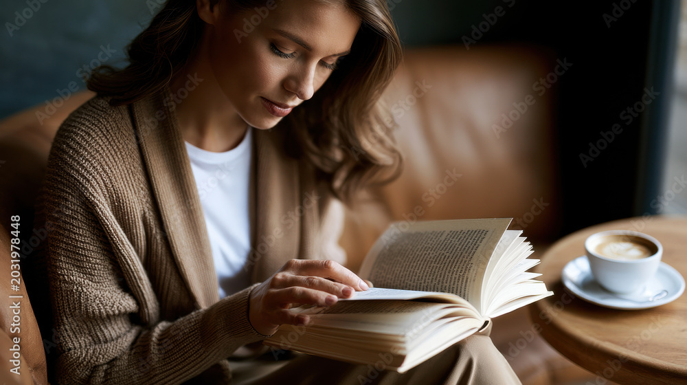 Obraz premium Calm woman reading book in cafe cozy coffee shop warm light soft focus peaceful mood brown cardigan comfortable sofa indoor lifestyle quiet moment morning routine