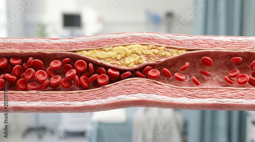 Atherosclerosis causes narrowing of artery by plaque buildup reducing blood flow and increasing risk of heart disease in this detailed medical illustration