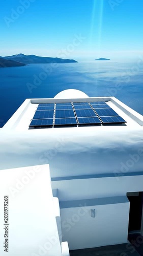 White Cycladic Villa In Santorini With Solar Panels On Roof Against Blue Sea