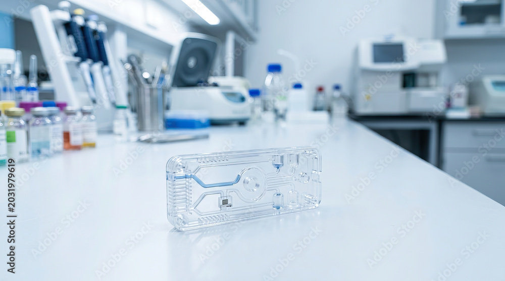 Fototapeta premium Experimental vaccine testing device on laboratory table with scientific equipment in background showing advanced medical research and innovation