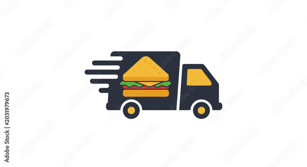 Naklejka premium Fast Food Delivery Truck Delivering Delicious Burger Illustration Icon Graphic Design Concept