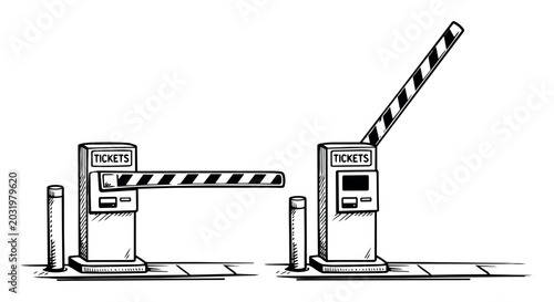 Automatic parking barrier gate with ticket machine controlling vehicle access, showing open and closed positions for entry and exit