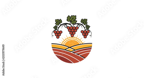 Elegant Vineyard Graphics Depicting Grape Vines, Sunset, and Rolling Hills for Design