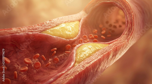 Atherosclerosis causes artery narrowing with plaque buildup inside blood vessels reducing blood flow and increasing risk of heart disease and stroke in this detailed medical illustration