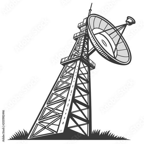Foto Telecom broadcast tower with parabolic dish black and white vector illustration