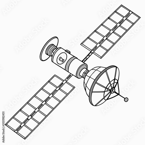 Foto Detailed vector illustration of a satellite with solar panels and a parabolic an