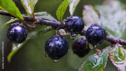 maqui. A branch with deep purple berries glistening with morning dew, macro detail. gardening catalogs, home-decor guides, designed for home decor and floral branding, used by web designers.