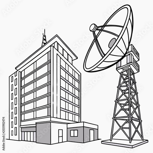 Foto Detailed vector illustration of a city building and parabolic antenna against a