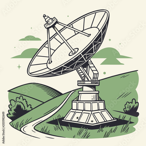 Bild auf Leinwand Satellite dish with surrounding landscape a detailed vector illustration in mute