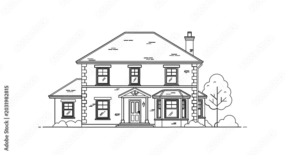 Fototapeta premium Architectural drawing of a detached twostory house with a hip roof and chimney