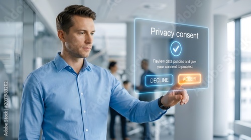 Professional man interacting with digital privacy consent interface in office